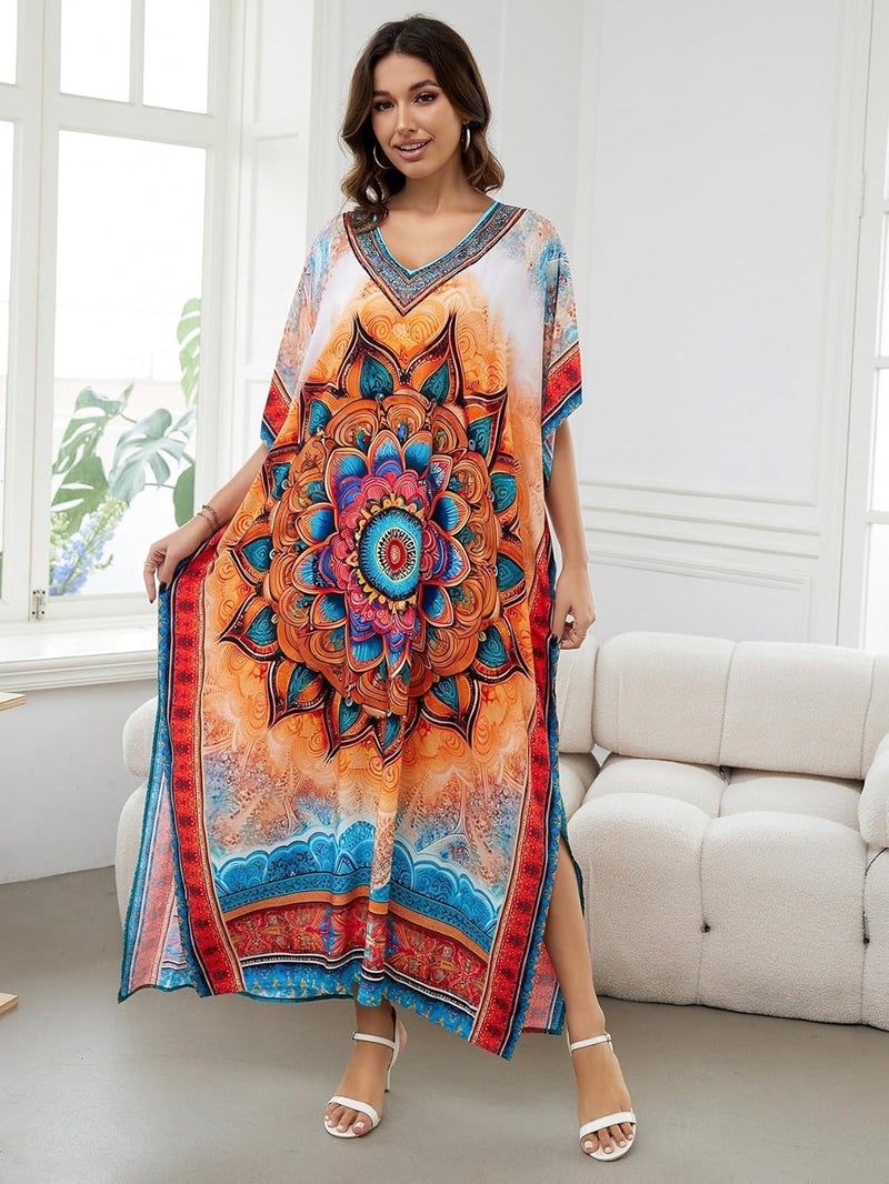 IMAGEKOPE Women's Plus Size Loose Fit Moroccan Print V-Neck Batwing Kaftan Beach Dress Bathing Suit Cover Up - Image 3